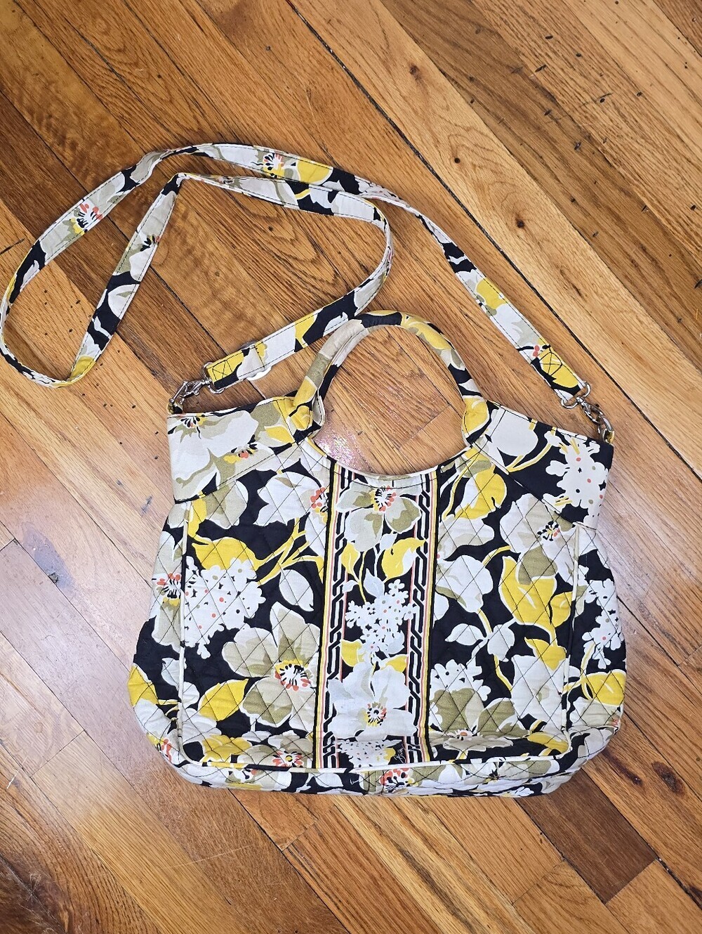 Vera Bradley White, Black and Yellow Floral Discontinued Crossbody Handbag